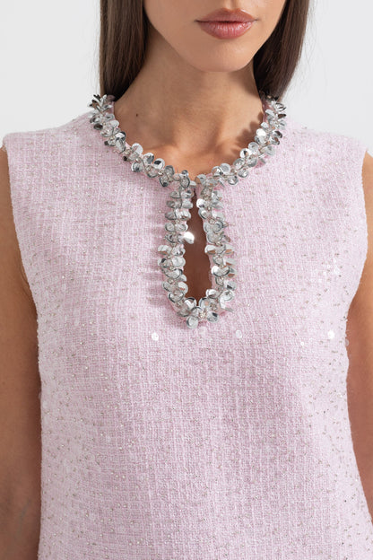 Vestido Mini Texturizado Sem Mangas Com Detalhes de Colar Brilhante - Rosa