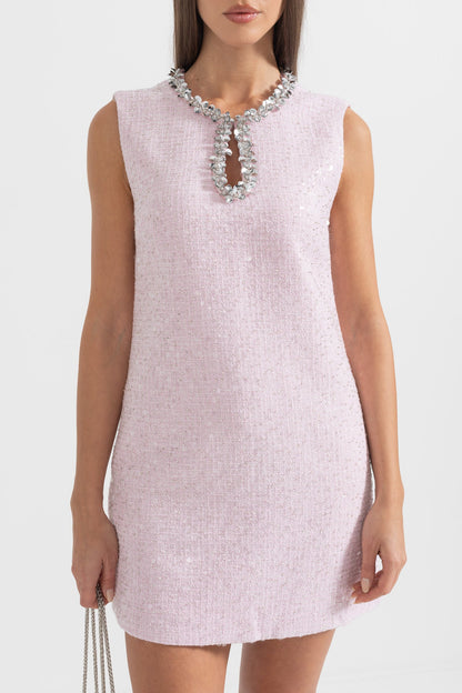 Vestido Mini Texturizado Sem Mangas Com Detalhes de Colar Brilhante - Rosa