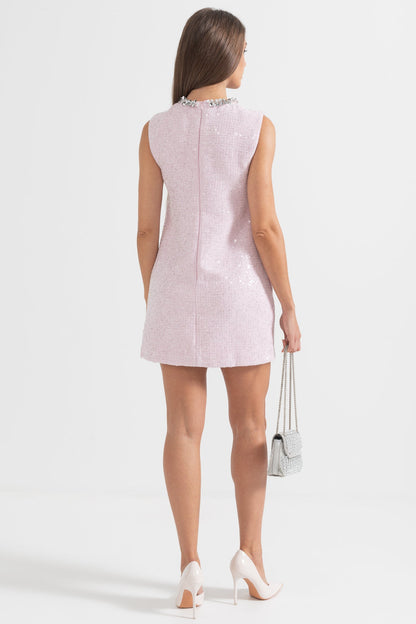 Vestido Mini Texturizado Sem Mangas Com Detalhes de Colar Brilhante - Rosa