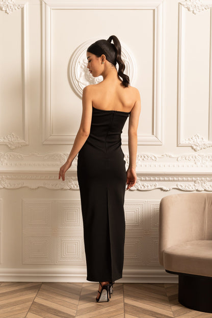 Vestido Elegante Ajustado Com Decote Profundo E Apliques Brilhantes - Preto
