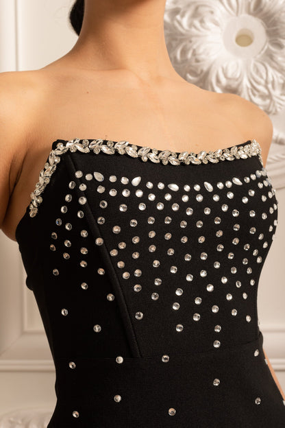 Vestido Mini Justo Com Ornamentação de Strass - Preto