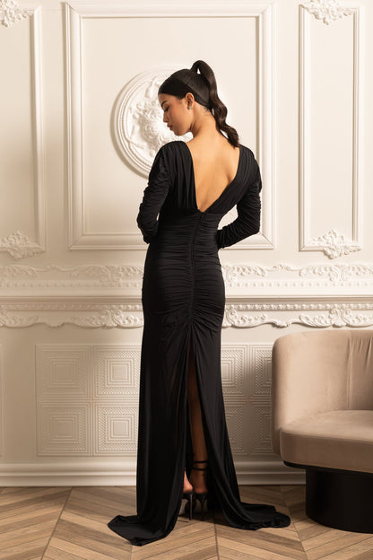 Vestido Elegante Pregueado com Decote Profundo - Preto