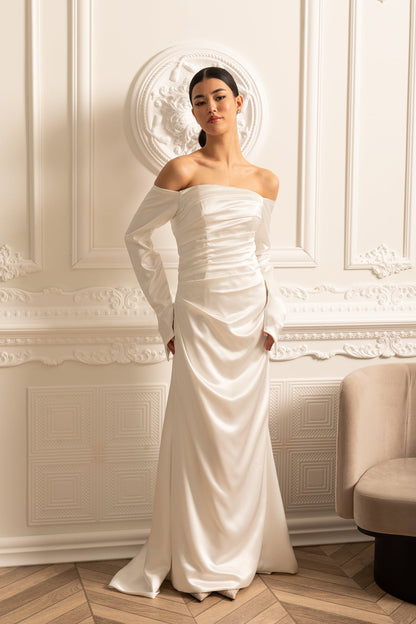 Vestido de Cetim Off-Shoulder com Design Plissado e Saia Drapeada - Branco