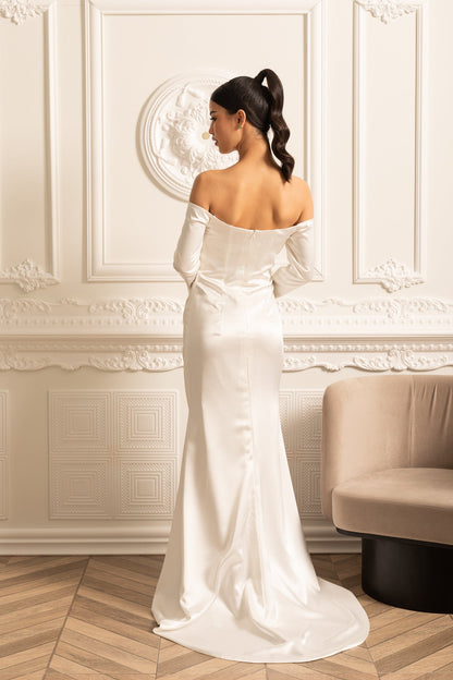 Vestido de Cetim Off-Shoulder com Design Plissado e Saia Drapeada - Branco