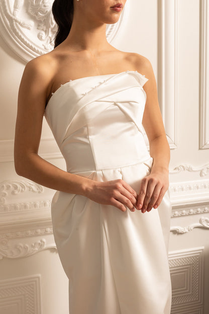 Vestido Midi Sem Alças Com Detalhes Plissados no Peito - Branco