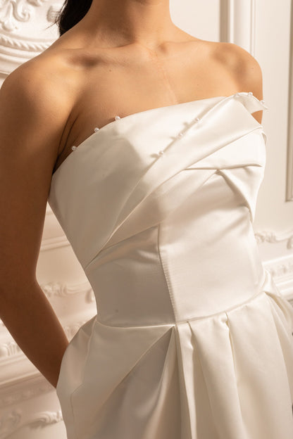 Vestido Midi Sem Alças Com Detalhes Plissados no Peito - Branco