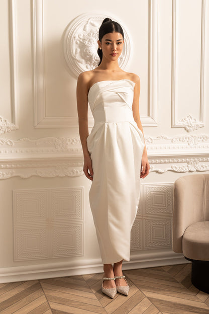 Vestido Midi Sem Alças Com Detalhes Plissados no Peito - Branco