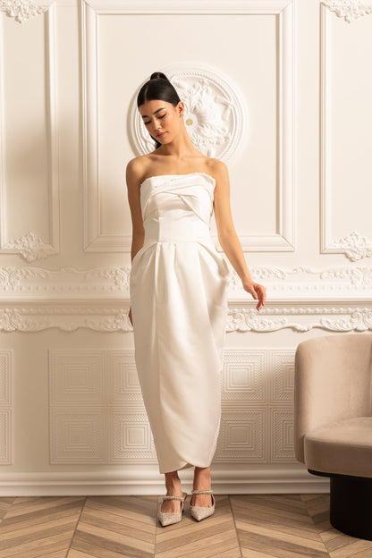 Vestido Midi Sem Alças Com Detalhes Plissados no Peito - Branco