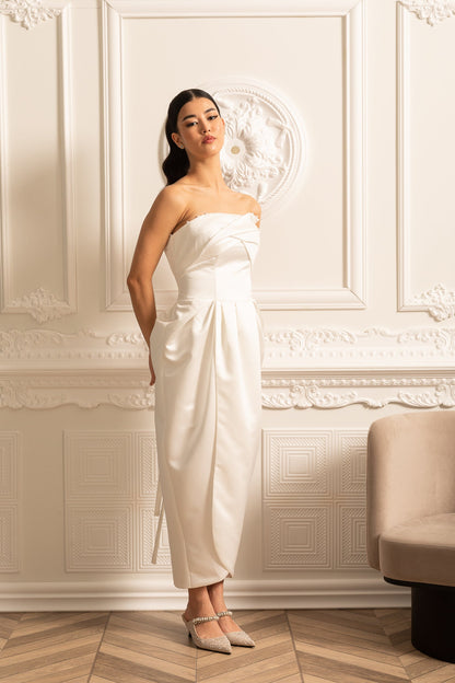 Vestido Midi Sem Alças Com Detalhes Plissados no Peito - Branco