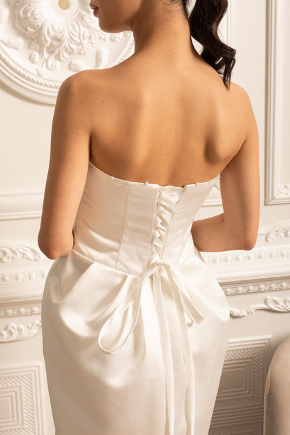 Vestido Midi Sem Alças Com Detalhes Plissados no Peito - Branco