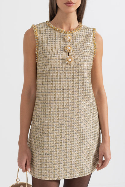 Vestido Mini com Padrão e Acentos Dourados - Ouro