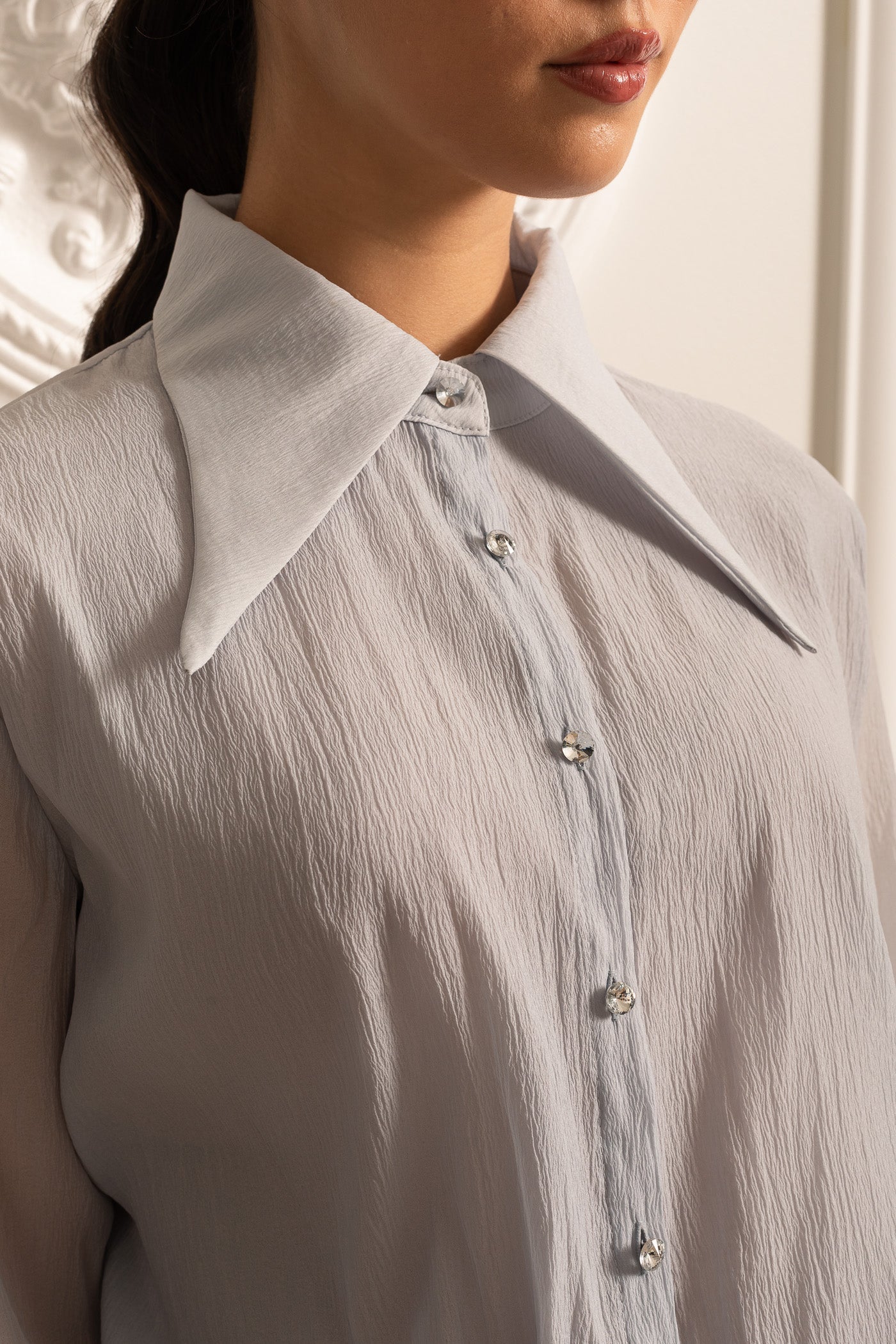 Camisa de Botão com Cintura Ajustada - Cinza