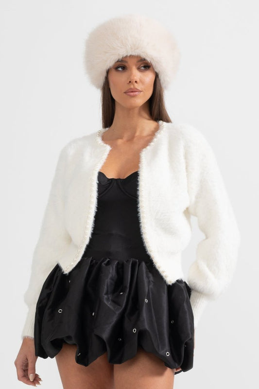 Cardigã Fluffy com Detalhes em Pérolas - Branco