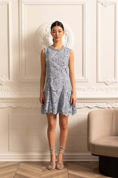 Vestido Mini de Renda com Padrão Floral e Decote Brilhante - Azul