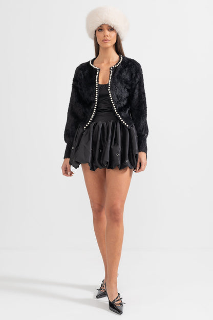 Cardigan Fluffy com Detalhes em Pérolas - Preto