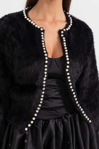 Cardigan Fluffy com Detalhes em Pérolas - Preto