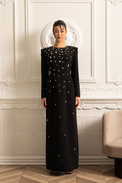 Vestido Longo Elegante Com Aplicações Brilhantes - Preto