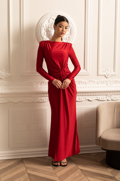 Vestido de Cetim com Mangas Longas, Drapê Lateral e Detalhe de Cintura Torcida - Vermelho