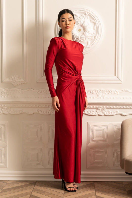 Vestido de Cetim com Mangas Longas, Drapê Lateral e Detalhe de Cintura Torcida - Vermelho