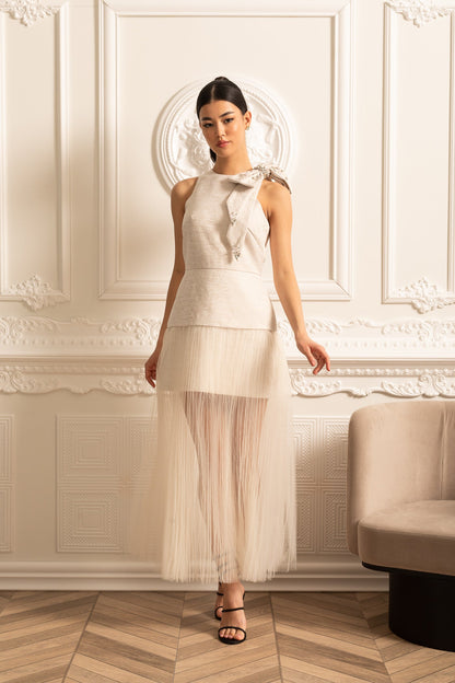 Vestido Elegante Com Saia Plissada De Tule, Laço No Ombro E Aplicações Brilhantes - Ivoire