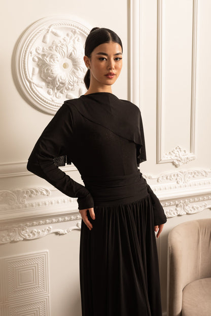 Vestido Elegante Com Cintura Pregueada, Saia Maxi Pregueada E Top Camponês em Camadas - Preto
