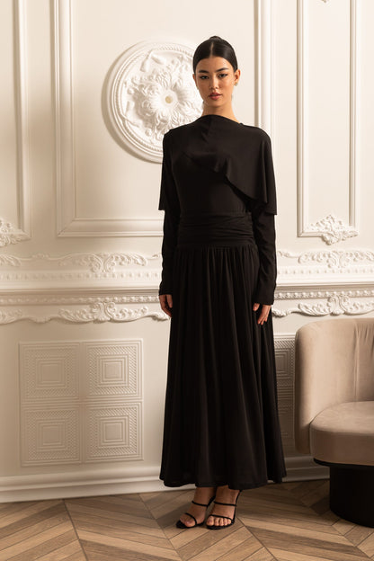 Vestido Elegante Com Cintura Pregueada, Saia Maxi Pregueada E Top Camponês em Camadas - Preto