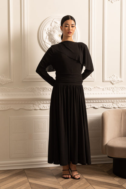 Vestido Elegante Com Cintura Pregueada, Saia Maxi Pregueada E Top Camponês em Camadas - Preto