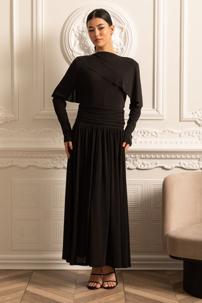 Vestido Elegante Com Cintura Pregueada, Saia Maxi Pregueada E Top Camponês em Camadas - Preto