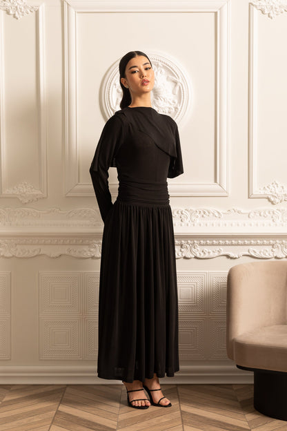 Vestido Elegante Com Cintura Pregueada, Saia Maxi Pregueada E Top Camponês em Camadas - Preto