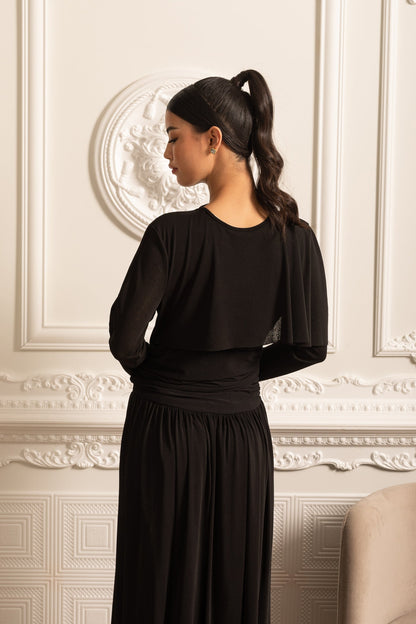 Vestido Elegante Com Cintura Pregueada, Saia Maxi Pregueada E Top Camponês em Camadas - Preto