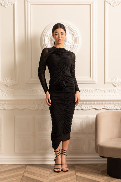 Conjunto de Dois Peças Pregueado com Flores 3D na Frente - Preto