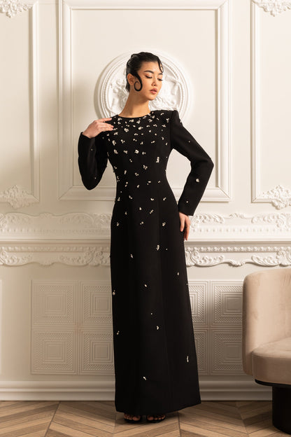 Vestido Longo Elegante Com Aplicações Brilhantes - Preto