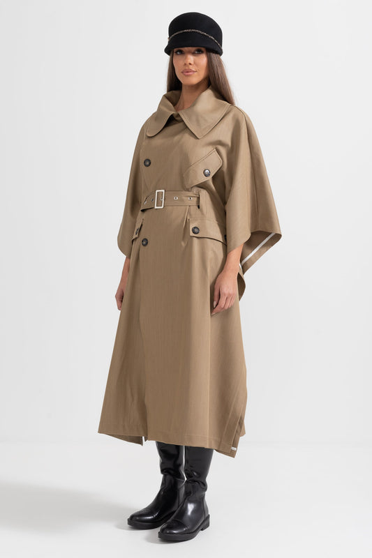 Trench Coat com Mangas em Forma de Capa - Caqui