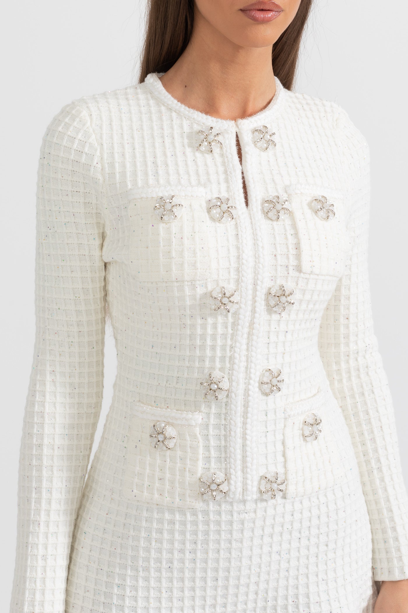 Vestido Tricotado de Manga Longa até ao Joelho - Branco