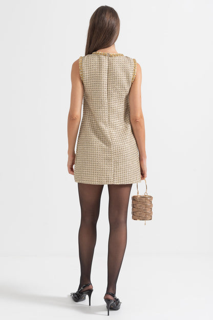Vestido Mini com Padrão e Acentos Dourados - Ouro