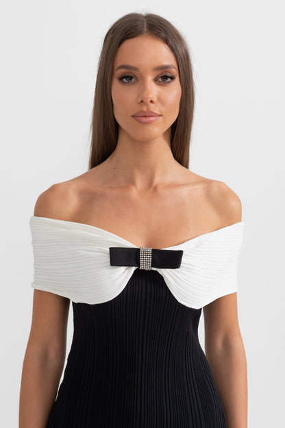 Vestido Midi de Sereia Sofisticado com Laço - Preto