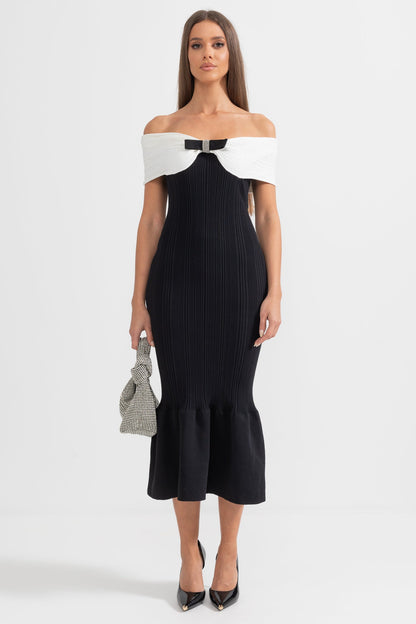 Vestido Midi de Sereia Sofisticado com Laço - Preto