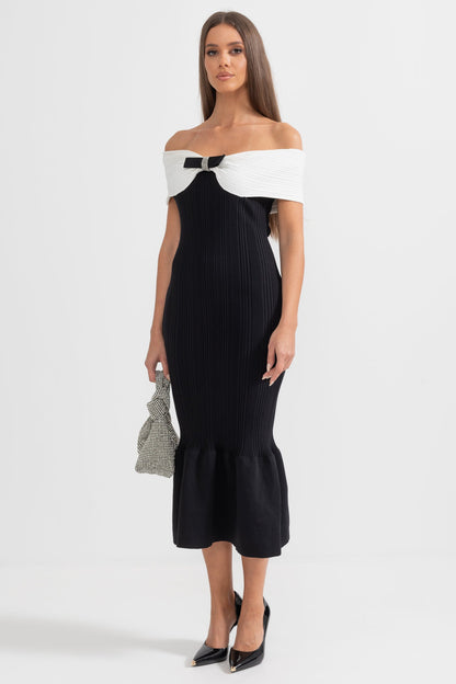 Vestido Midi de Sereia Sofisticado com Laço - Preto