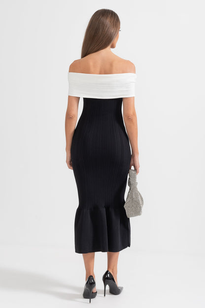 Vestido Midi de Sereia Sofisticado com Laço - Preto
