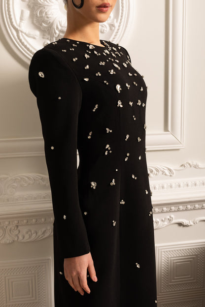 Vestido Longo Elegante Com Aplicações Brilhantes - Preto