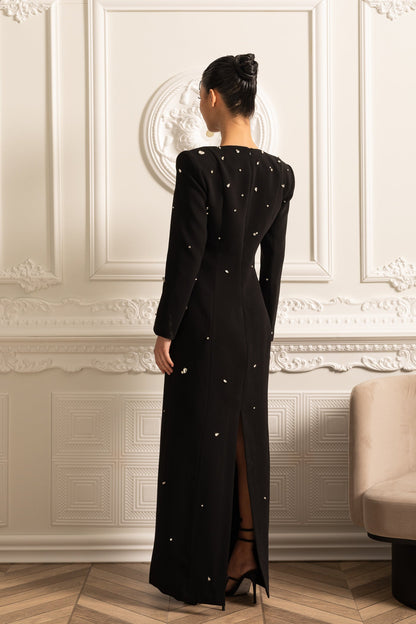 Vestido Longo Elegante Com Aplicações Brilhantes - Preto