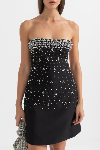 Vestido Mini Sem Mangas com Aplicações de Cristal - Preto