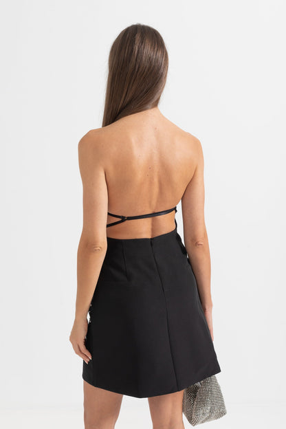 Vestido Mini Sem Mangas com Aplicações de Cristal - Preto