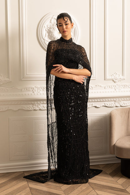 Vestido Glamouroso com Contas e Véu Destacável - Preto