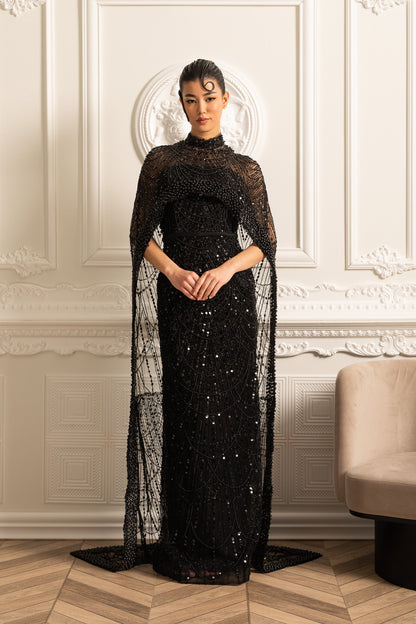Vestido Glamouroso com Contas e Véu Destacável - Preto