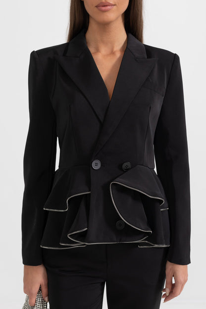 Conjunto Co-Ord Contemporâneo Com Detalhes Ruffle E Zíperes - Preto