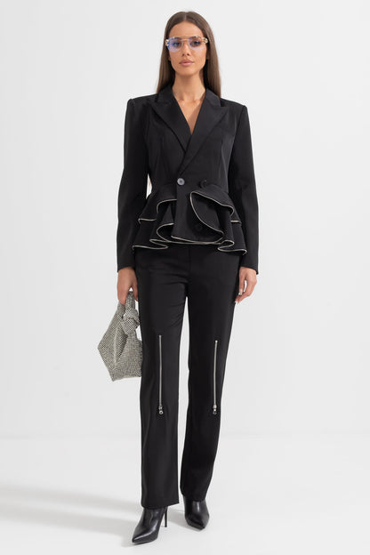 Conjunto Co-Ord Contemporâneo Com Detalhes Ruffle E Zíperes - Preto