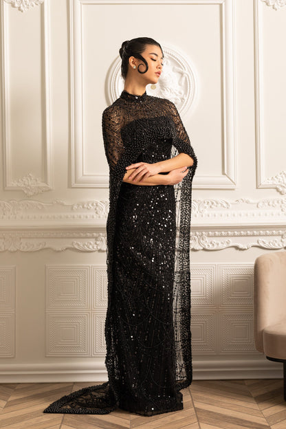 Vestido Glamouroso com Contas e Véu Destacável - Preto