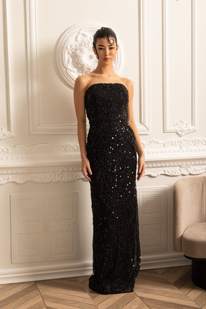 Vestido Glamouroso com Contas e Véu Destacável - Preto