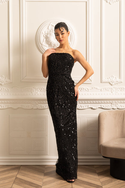 Vestido Glamouroso com Contas e Véu Destacável - Preto